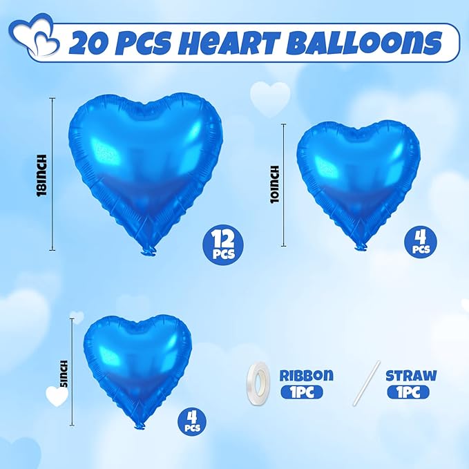 Blue Heart Balloons, Heart Shaped Balloons, 20 Pcs 5/10/18 inch Blue Foil Love Balloon for Baby Shower Graduation Birthday Decorations Wedding Engagement Bridal Showers Anniversary Celebrations