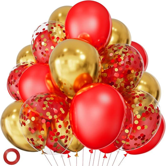 Royal Red & Gold Latex Balloons - 12 Inch, Metallic Gold, Confetti Mix with Ribbon - 50 Pack for Birthday, Wedding, Baby Shower Parties