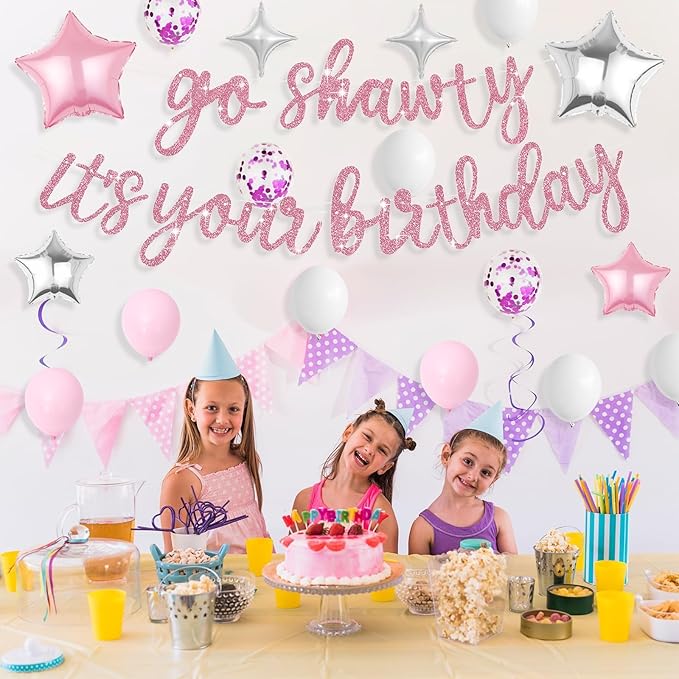 Pink Go Shawty It's Your Birthday Banner Balloons Set, Glitter Happy Birthday Banner with Pink White Confetti Balloon Silver Star Foil Balloon for Women Hip Hop Rap Theme Birthday Party Decorations