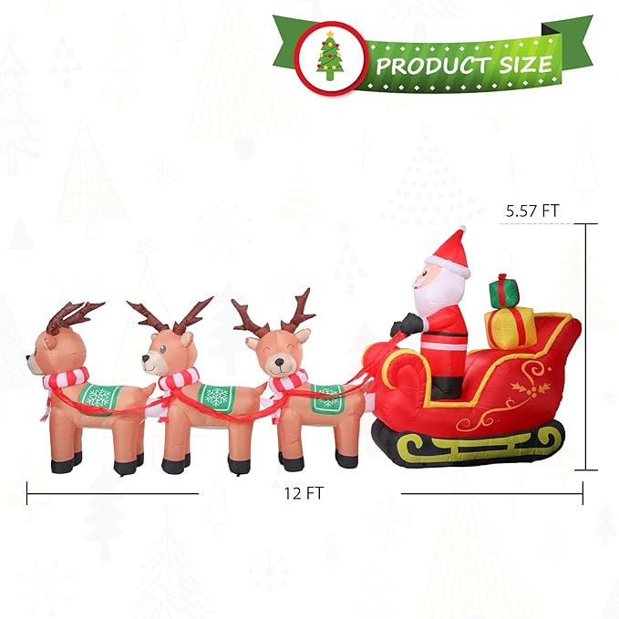 Taman 12 FT Christmas Inflatable Decorations, Santa Claus on Sleigh with Reindeer Propeller Built-in Bright LED Light Blow Up for Yard, Garden,Lawn Outdoor Holiday Yard Decorations