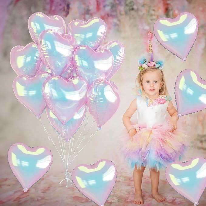 Iridescent Heart Balloons 9PCS 18In Transparent Laser Heart Foil Balloon Large Gradient Crystal Iridescent Colorful Balloon for Birthday Wedding Easter Rainbow Winter Mermaid Fantasy Theme Party Decor