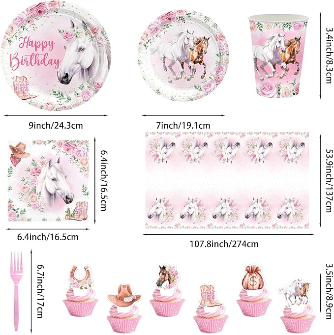 154PCS Pink Western Horse Party Decorations, Cowgirl Horse Party Supplies Plates and Napkins Set, Tableware,Banner, Hanging Swirls, Tablecloth, Balloon,Cake Cupcake Topper,Honeycomb Centerpiece