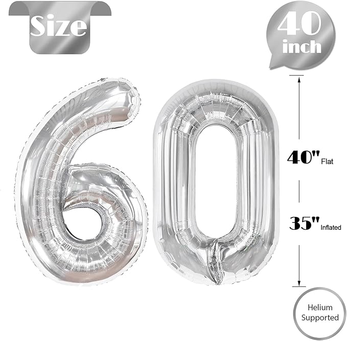 Silver Number 60 Balloon 40 Inch, 60th Birthday Party Decorations for Children, Giant 60 Foil Balloon for Party Supplies