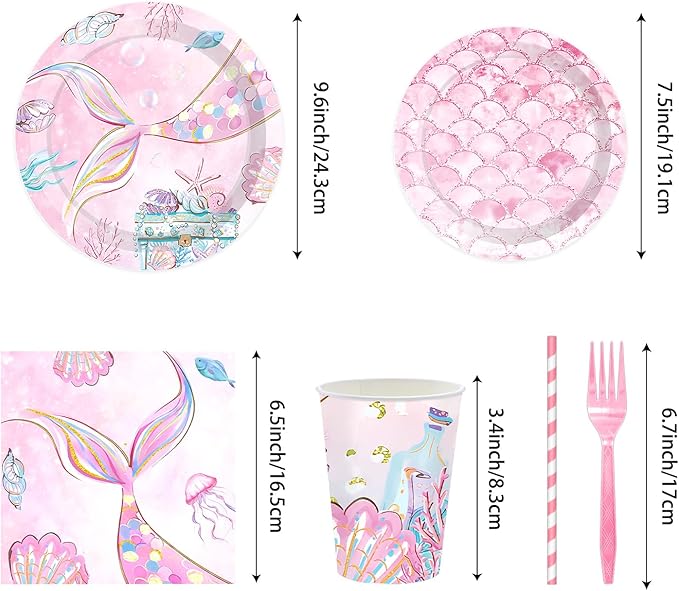 175PCS Mermaid Party Decorations, Mermaid Theme Party Supplies Plates and Napkins Set, Tableware,Banner, Hanging Swirls, Tablecloth, Balloon,Cake Cupcake Topper,Honeycomb Centerpiece Baby Shower