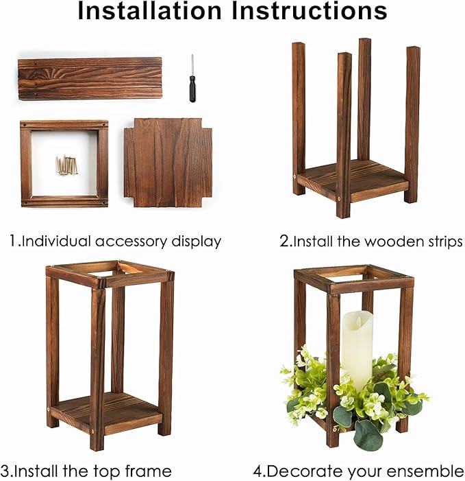 36 Pcs Wooden Wedding Lantern Centerpiece,Include 12 Candle Holders 12 LED Candles 12 Eucalyptus Leaves Wreath for Rustic Wedding Table Decoration,Country Barn Table Valentine Decor,Party(Dark Brown)