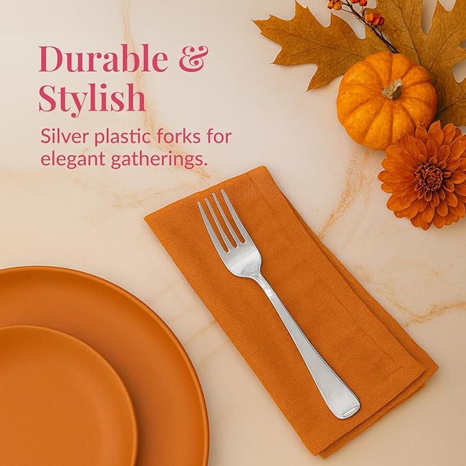 Prestee 100-Pack Heavy Duty Plastic Forks - 7-Inch Elegant Silver Plastic Forks Disposable Set - Fancy, Disposable Silverware Utensils for Parties, Holidays, Weddings, and Events - Durable Cutlery Set