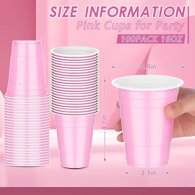 Dualshine 100 Pack 16 oz Pink Plastic Cups, Disposable Plastic Party Cups, Heavy Duty Drinking Water Cup for Wedding Birthday Graduation Valentine's Day Christmas Baby Shower Picnic Barbecues Supplies
