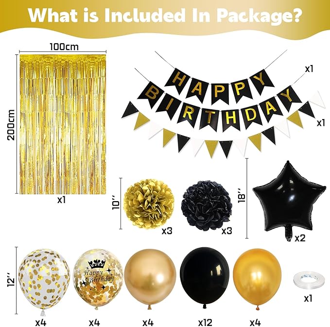 Black Gold Birthday Decorations, Gold Black Foil Confetti Balloons Foil Balloon Happy Birthday Banner Pom Poms Fringe Curtain for Men Women Bday Party Decoration Supplies