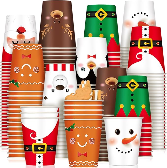 Zhehao 200 Pcs Christmas Paper Cups Xmas Disposable Coffee Cups 9 oz Santa Snowman Elk Disposable Christmas Paper Drinkware for Tea Beverage Cocoa Cold Hot Drink