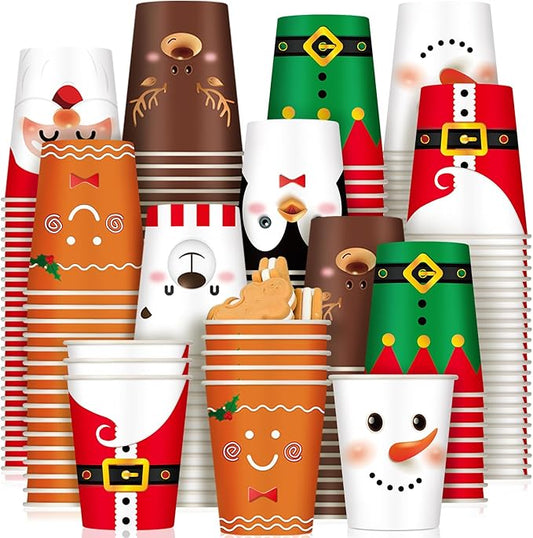Zhehao 200 Pcs Christmas Paper Cups Xmas Disposable Coffee Cups 9 oz Santa Snowman Elk Disposable Christmas Paper Drinkware for Tea Beverage Cocoa Cold Hot Drink