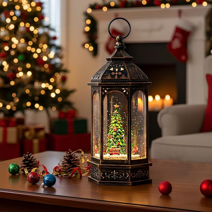 12.8'' Christmas Snow Globe, Santa Train Will Rotate Around The Christmas Tree with Musics Swirling Glitter Water Lantern Decoration for Home, Battery Operated or USB Powered