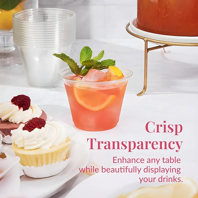 Prestee 200-Pack - 9oz Clear Plastic Cups - Durable Disposable Plastic Wine Glasses for Party, Weddings, and Catering - Small Drinking Glasses for Cocktails and Beverages - Heavy-Duty Fruit Punch Cups