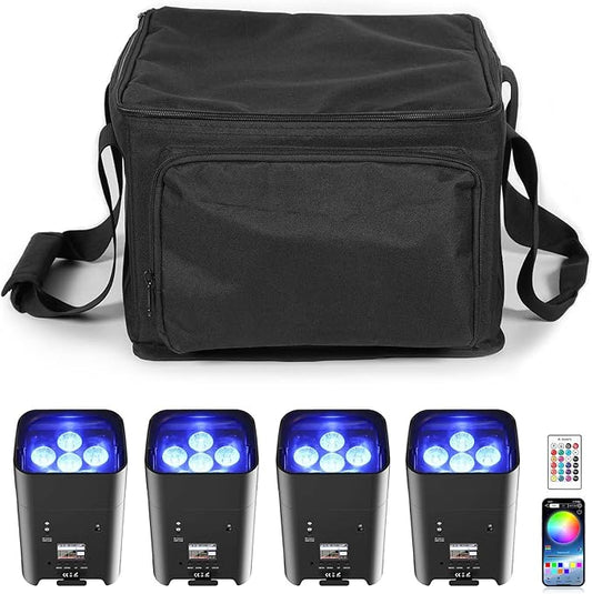 4Pcs with Bag Battery Powered Uplights Rechargeable Par Can 6x18W RGBWA+UV LED Uplight 9600 mAh APP/Remote/DMX512 Control Stage Lights Uplighting Indoor for Wedding DJ Party Events Dance Black
