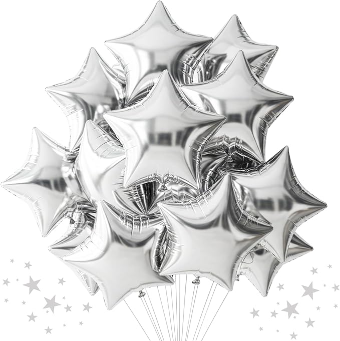 TONIFUL 15Pcs 18 Inch Large Silver Star Shape Foil Balloons Big Silver Stars Helium Mylar Ballons for Birthday Wedding Baby Shower Anniversary Engagement Party Decorations Supplies