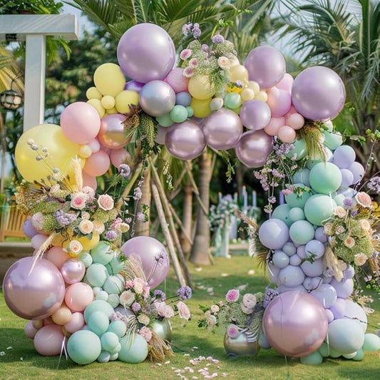 Pastel Balloon Garland Arch Kit Double Stuffed, Baby Pink Purple Yellow Green Balloons with Metallic Lilac Latex for Baby Shower Princess Birthday Christmas Party Decoration
