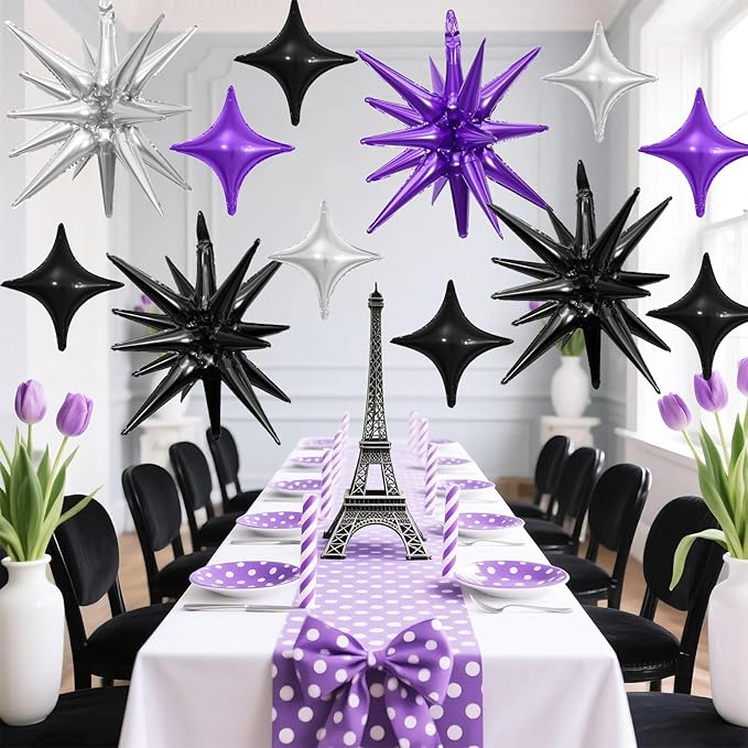 Black Purple Silver Star Balloon,6Pcs 22Inch Explosion Star Balloons and 10Pcs 10Inch Four Angle Balloons Kit for Halloween Birthday Anniversary Graduation Baby Shower Wedding Party Decorations