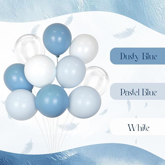 60pcs Dusty Blue Balloons 12inch, Blue and White Balloons with Clear Balloon for Gender Reveal Bridal Baby Shower Birthday Party Decorations