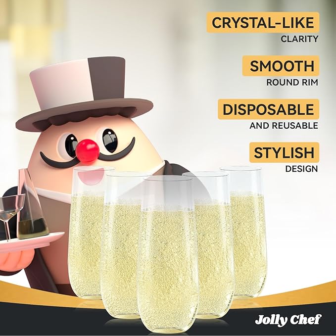 JOLLY CHEF 36 Pack Stemless Plastic Champagne Flutes 9 oz, Crystal Clear Stemless Plastic Toasting Glasses, Clear Disposable Unbreakable Drinkware Ideal for Wedding, Birthday, Party, Thanksgiving