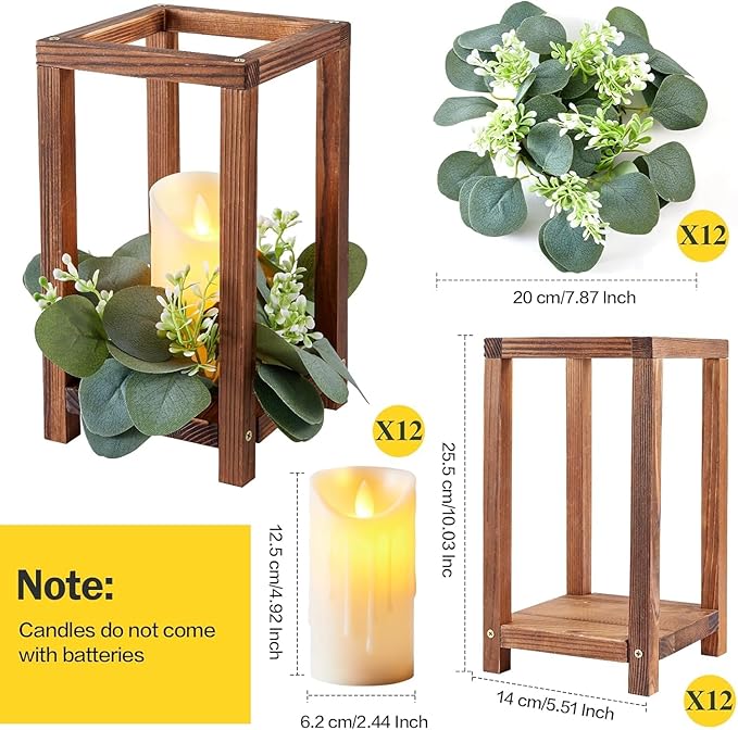 36 Pcs Wooden Wedding Lantern Centerpiece,Include 12 Candle Holders 12 LED Candles 12 Eucalyptus Leaves Wreath for Rustic Wedding Table Decoration,Country Barn Table Valentine Decor,Party(Dark Brown)