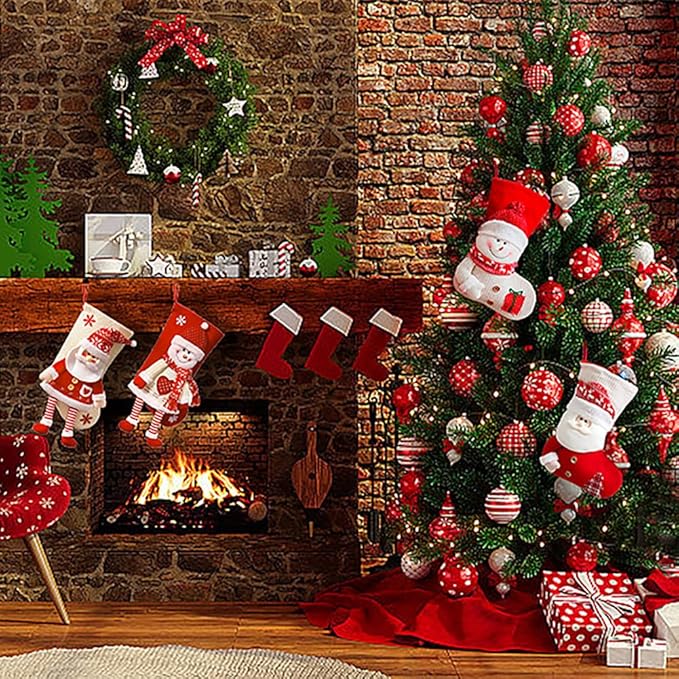 2 Pack Christmas Stockings, 19.7 Inch Large Stockings, Personalized Knitted 3D Pattern Santa Snowman Socks, Eve Candy Stocking Bag for for Holiday Xmas Party Decoration (Style 1)