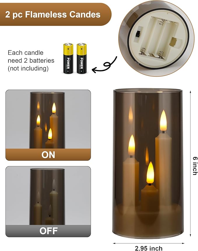 Enido 2 Pc Flameless LED 3-in-1 Taper Candles with Remote & Timer, Battery Operated Acrylic Pillar Set, 3" x 6" Flickering Electric Lights for Cozy Home & Holiday Romantic Decor (Gray)