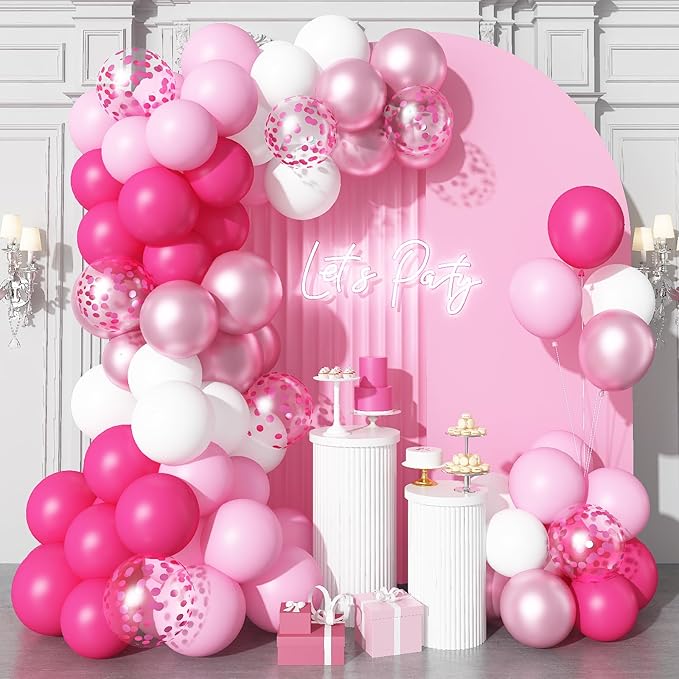 Pink Balloons Set 12 Inch Hot Pink and White Balloons 35 Pcs Rose Red Light Metallic Pink Confetti Balloon for Girls Women Princess Valentines Engagement Wedding Baby Shower Birthday Party Decorations