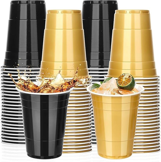 KesaPlan 50PCS 16 oz Plastic Cups Graduation Cups Black and Gold Disposable Party Cup Bulk for Party Graduation Wedding Birthday Halloween Family Gatherings and Festive Celebrations