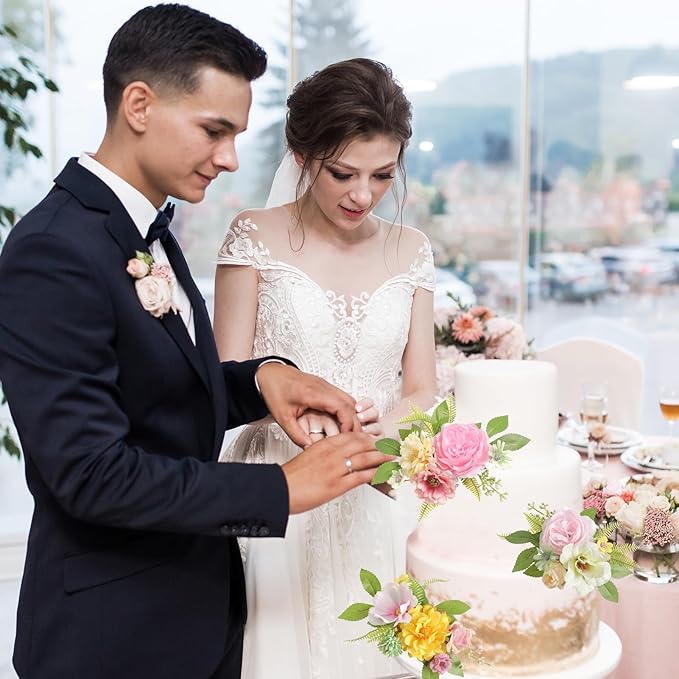 Cake Toppers Flowers,3 Pieces Hand-made Silk Flowers Cake Decorations for Birthday Baby Shower Wedding Valentine's Day Celebration Boho Party Supplies (Yellow Pink)