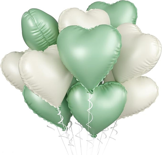 Sage Green White Heart Balloons, 10PCS Green Beige Foil Heart Balloons, 18inch Olive Green Cream White Heart Shape Balloons for Neutral Jungle Birthday Baby Shower Valentines Wedding Party Decorations
