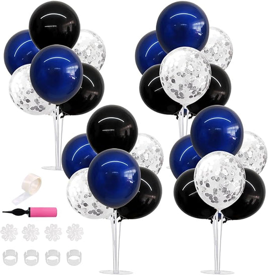 TONIFUL 4 Set Black Blue Silver Confetti Balloon Centerpieces for Table,Balloon Stand Kit for Graduation Decorations 2025 Blue Party Decorations,Retirement,Anniversary,Birthday Decoration for men