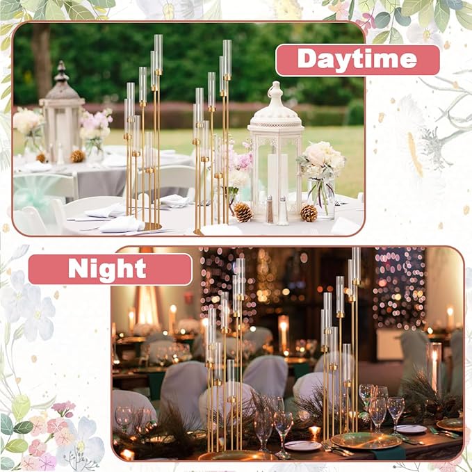 7 Arm Candelabra Centerpieces for Wedding,Floor Candelabra Gold Candle Centerpieces for Table Halloween Christmas Ceremony Dinner Party candelabros para centros de mesa(12PCS)