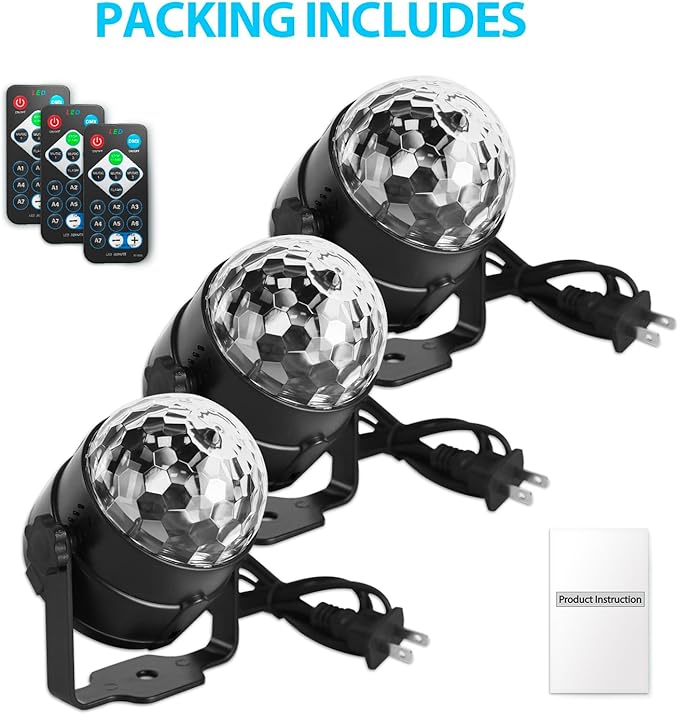 NEQUARE Disco Ball DJ Party Lights Sound Activated with Remote Control Strobe Lamp 7 Modes Stage Light for Home Room Dance Parties Karaoke Halloween Christmas Birthday Decorations[3-Pack]