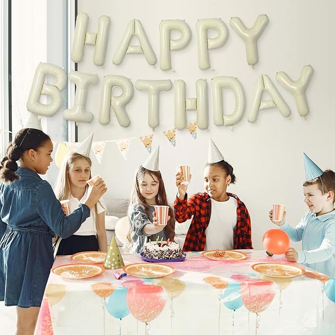 16 Inch Beige Happy Birthday Balloon Banner, Cream White Foil Happy Birthday Balloons Sign for Boys Girls Men Women Birthday Party Decorations Supplies