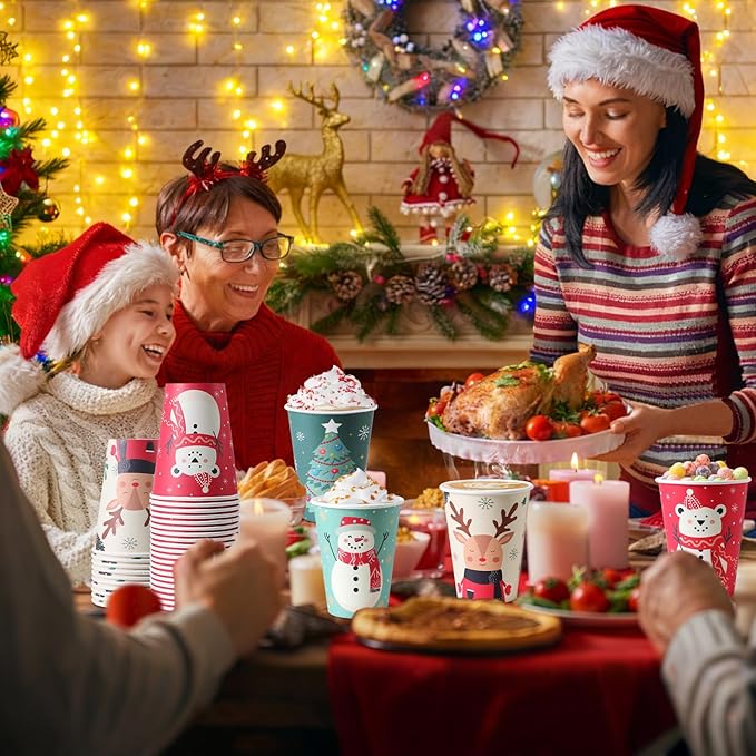 100 Pack Christmas Paper Cups 12 oz Xmas Disposable Coffee Cups, Snowman Elk Xmas Party Cup for Hot Cocoa Chocolate, Christmas Holiday Party Drinkware Supplies