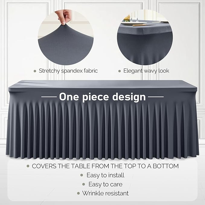 1 Pack Grey Table Clothes for 8 Foot Rectangle Tables, One-Piece Wrinkle Resistant Stretch Spandex Table Covers with Skirt for Event Banquet Wedding Birthday Party