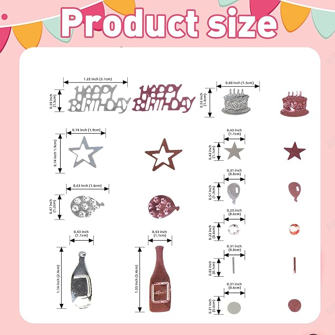 VHUWE Happy Birthday Confetti, 1.6 oz Rose Gold Silver Cake Balloon Star Goblet Bottle Glitter Confetti for Happy Birthday Party Decorations Boys Girls Kids Women Men Birthday Table Decorations