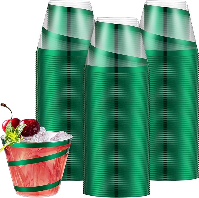 Gejoy 9 oz Rimmed Swirl Plastic Cups Disposable Wine Drinking Cups Clear Elegant Halloween Tumblers for Christmas Party Supplies(Dark Green,100 Pcs)
