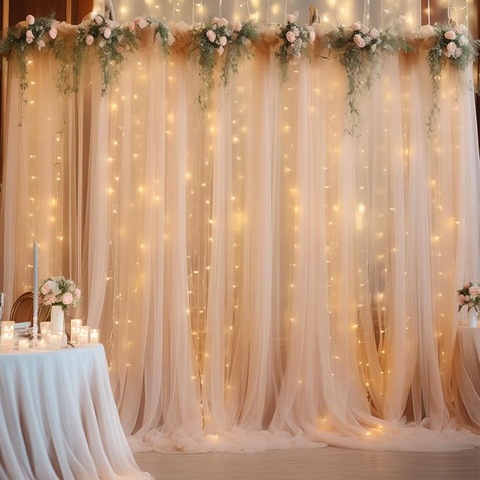 10ft x 10ft Champagne Backdrop Curtain with Lights String for Parties, Sheer Wedding Photo Backdrops Drapes for Baby Shower Birthday Party Decorations Background for Photography