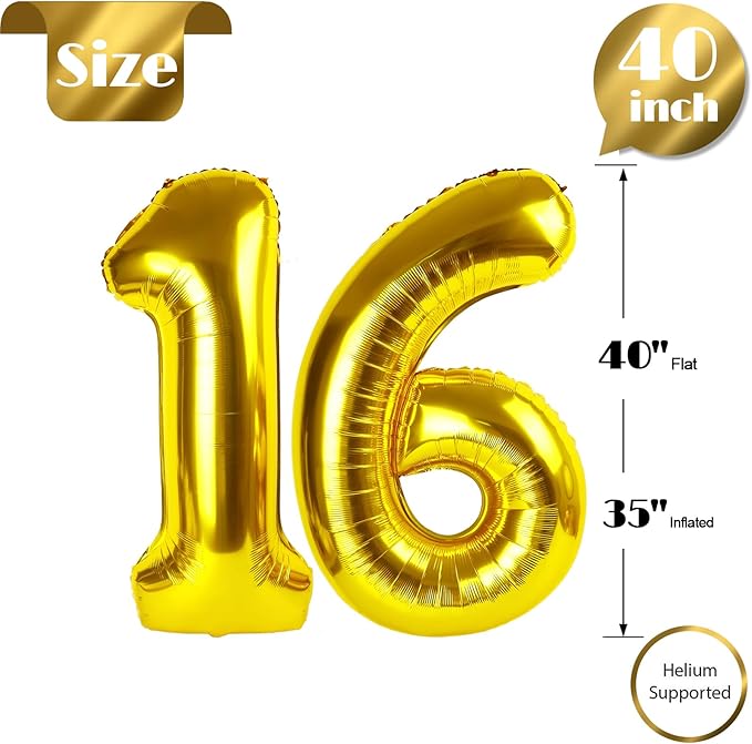 Gold Number 16 Balloon 40 Inch, 16th Birthday Party Decorations for Children, Giant 16 Foil Balloon for Party Supplies