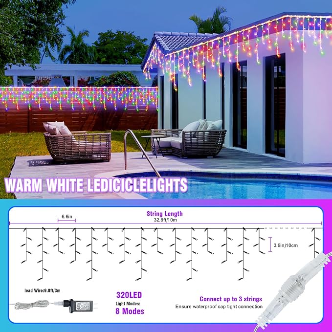 320 LED White Icicle Lights Outdoor Waterproof, 32.8FT Connectable Christmas String Lights with Remote & Timer, 8 Lighting Modes Dimmable Holiday Wedding Party Decorations
