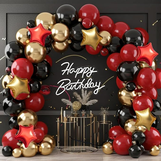 Red Gold Black Balloon Garland Arch Kit, 160Pcs Black Red Gold Latex Balloons with Star Foil Balloons for Anniversary Casino Night Hollywood New Years Movie Night Birthday Party Decorations