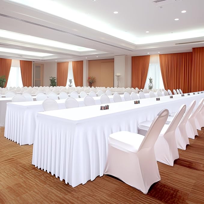 1 Pack White Table Clothes for 6 Foot Rectangle Tables, One-Piece Wrinkle Resistant Stretch Spandex Table Covers with Skirt for Event Banquet Wedding Birthday Party