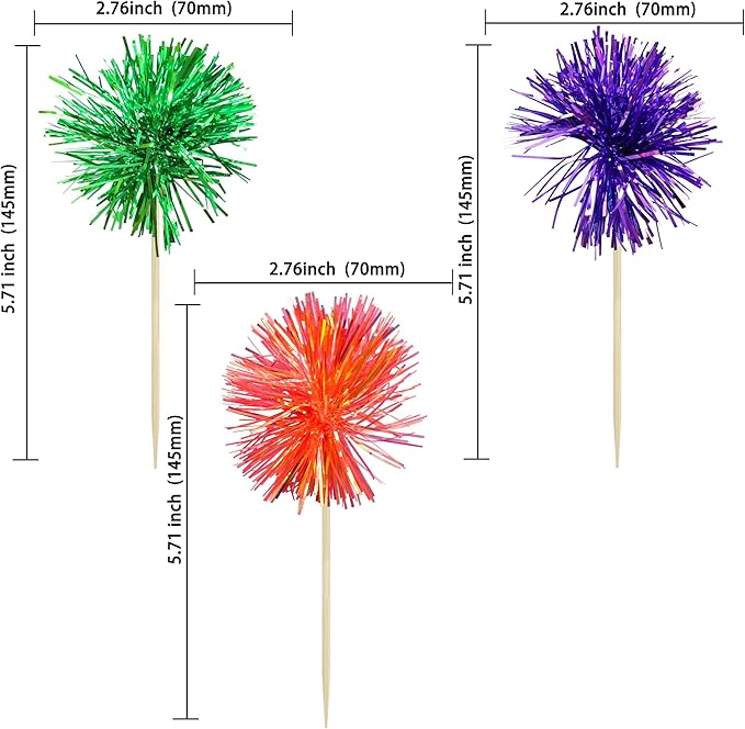 Gyufise 30Pcs Foil Firework Cupcake Toppers Sparkle Tinsel Cake Toppers Tinsel Drink Cake Decoration Cocktail Picks for Halloween Birthday Wedding Graduation Party Supplies Purple Green Orange