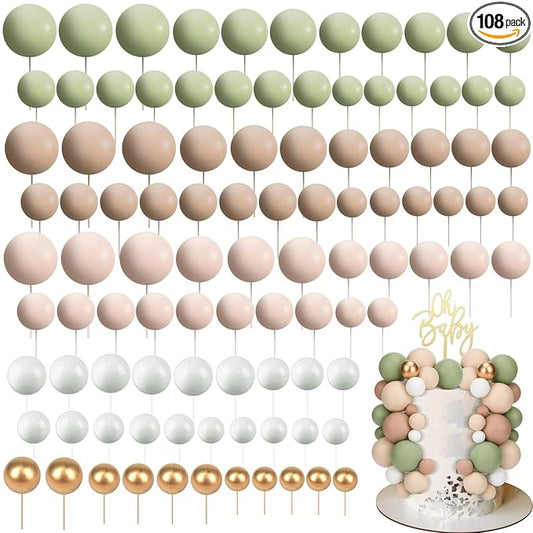 108 Pcs Balls Cake Topper DIY Cupcake Insert Foam Balloons for Cake Baking Wedding Anniversary Birthday Decoration(Matcha Green, Light Brown, Khaki,Multi Sizes)