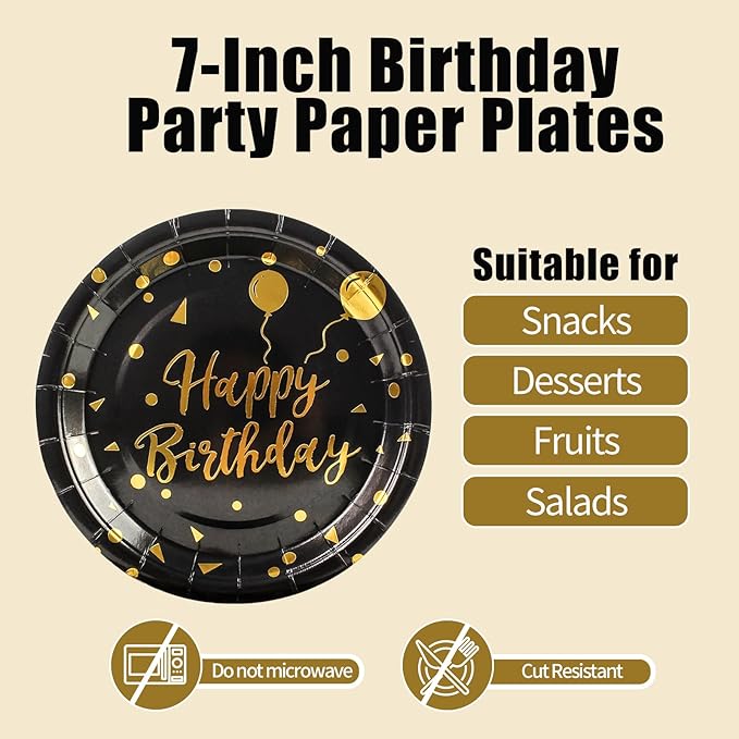 90PCS Happy Birthday Plates and Napkins Party Supplies, Disposable Black Gold Dot Dessert Paper Plates Napkins with Forks Tableware Set Party Decorations for Girl Women Birthday Parties