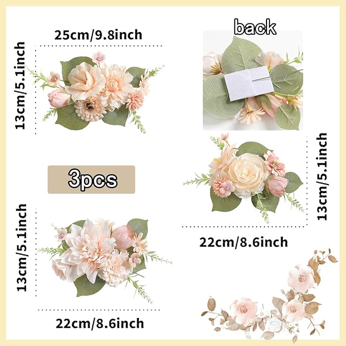 Cake Toppers Flowers,3 Pieces Hand-made Silk Flowers Cake Decorations for Birthday Baby Shower Wedding Valentine's Day Celebration Boho Party Supplies (Champagne)