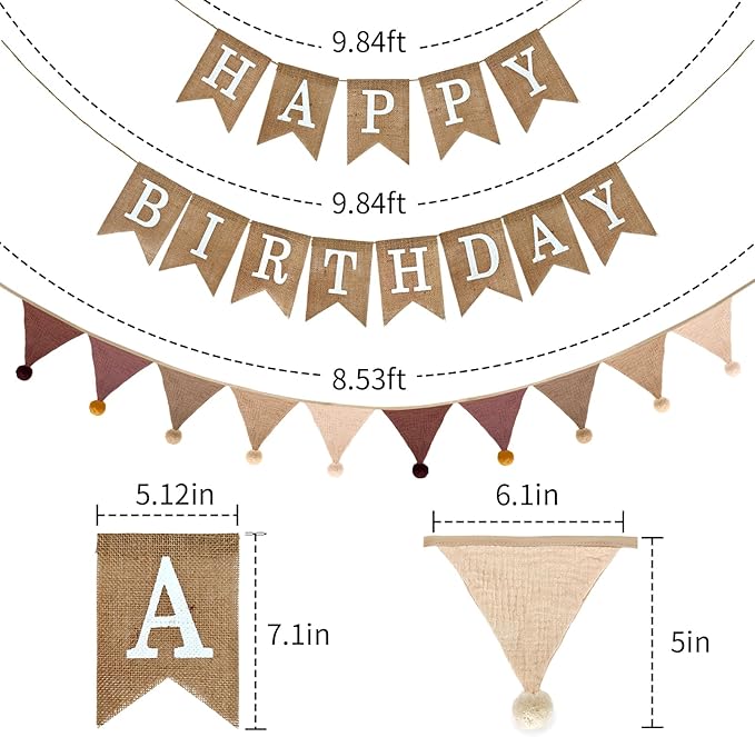 Burlap Happy Birthday Banner with Pennant Banner Flags for Birthdays Decorations, Brown Burlap Happy Birthday Signs Bunting for Men Women Boys Girls kids Neutral Celebration Party Backdrops