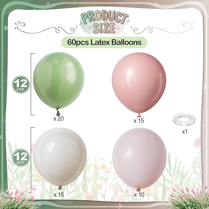 Sage Green Pink Balloons, 60 Pcs 12 Inch Retro Dusty Pink Olive Green Balloons, Blush Sand White Balloon for Girl Baby Shower Boho Wedding Bride Shower Birthday Baby in Bloom Party Decoration Supplies