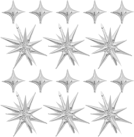 Silver Star Balloons,Explosion Balloons Kit with 6Pcs 22Inch Cone Star Foil Balloons and 10Pcs 10Inch Four Pointed Star Balloons for Birthday Anniversary Disco Party Decorations