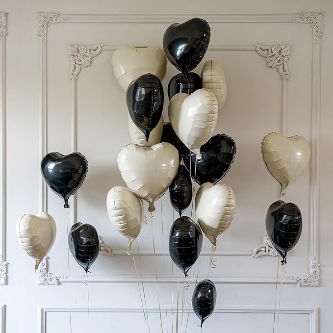Black White Heart Balloons, 19PCS Black and Cream White Heart Shape Balloon, 18Inch with 10Inch White Sand Black Helium Foil Balloon for Birthday Baby Shower Bridal Wedding Party Decorations